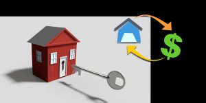 "Llave entrando en la cerradura de una casa en venta en Barranquilla, con otra llave que muestra un signo de pesos como símbolo de inversión."